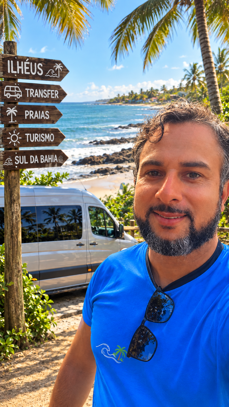 Responsável pela LR Transfer Ilhéus em uma praia de Ilhéus, ao lado de placas indicando transfer, praias e turismo, com a van da empresa ao fundo