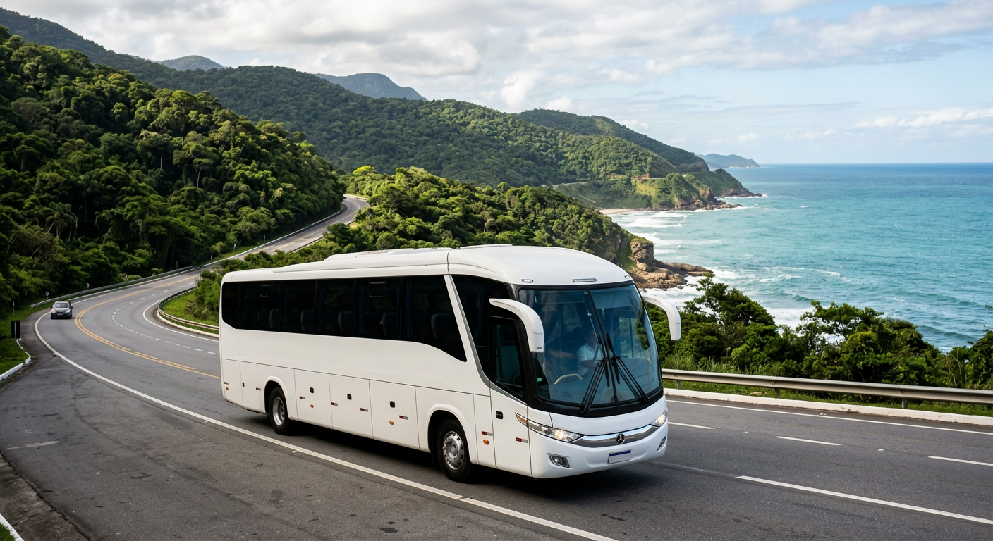 Ônibus de turismo branco em estrada litorânea