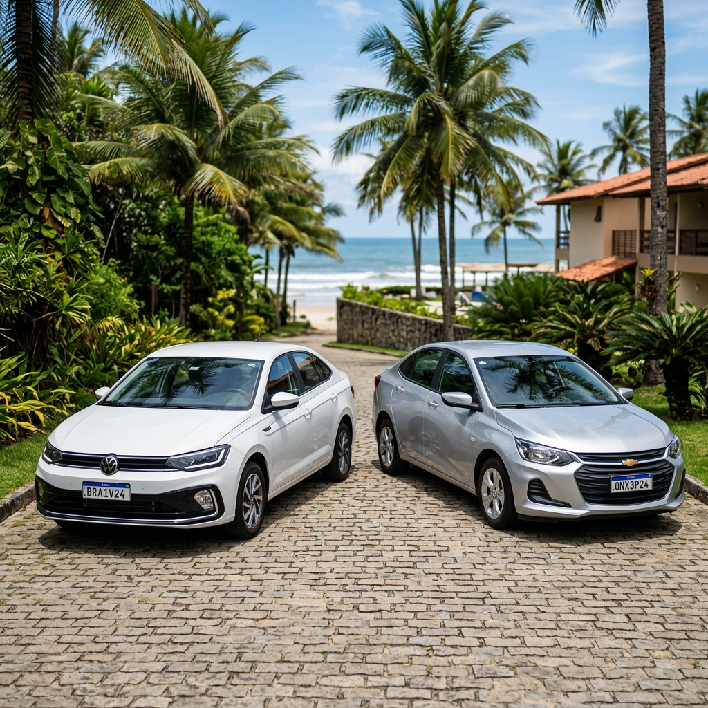 Volkswagen Virtus branco e Chevrolet Ônix Plus prata estacionados lado a lado entre coqueiros em Ilhéus